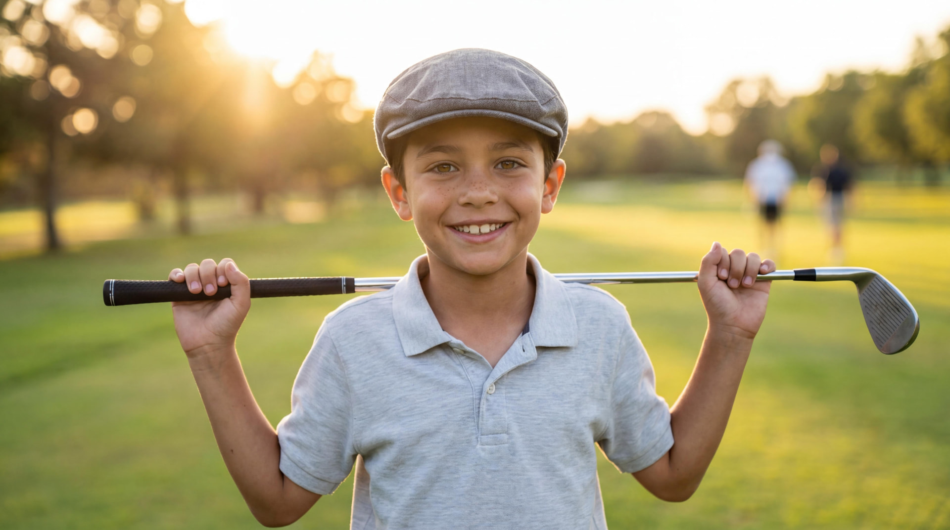 Smiling young golfer holding a club across his shoulders on the course at sunset