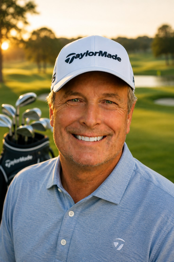 Coach Rob McLam wearing a hat and striped shirt, smiling